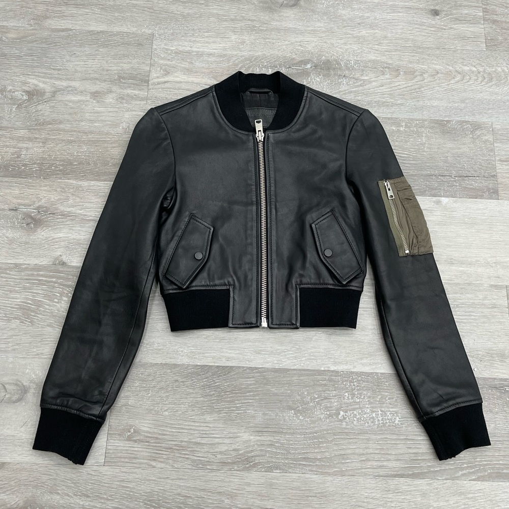 COPY - All Saints Wells Bomber Lambs Leather crop zip up jacket size 2